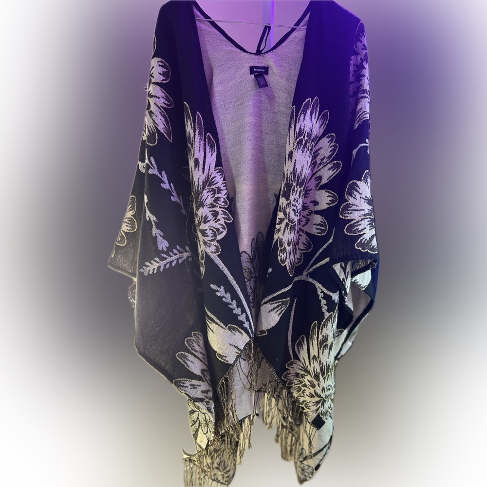 Floral Black and White Poncho